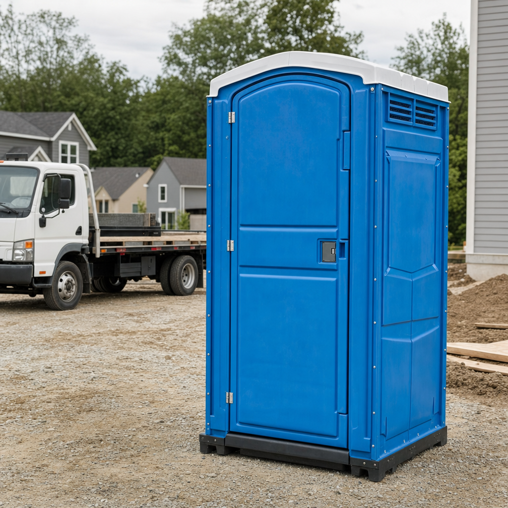 Delivery driver positioning a clean royal-blue portable toilet on level ground at a San Diego worksite