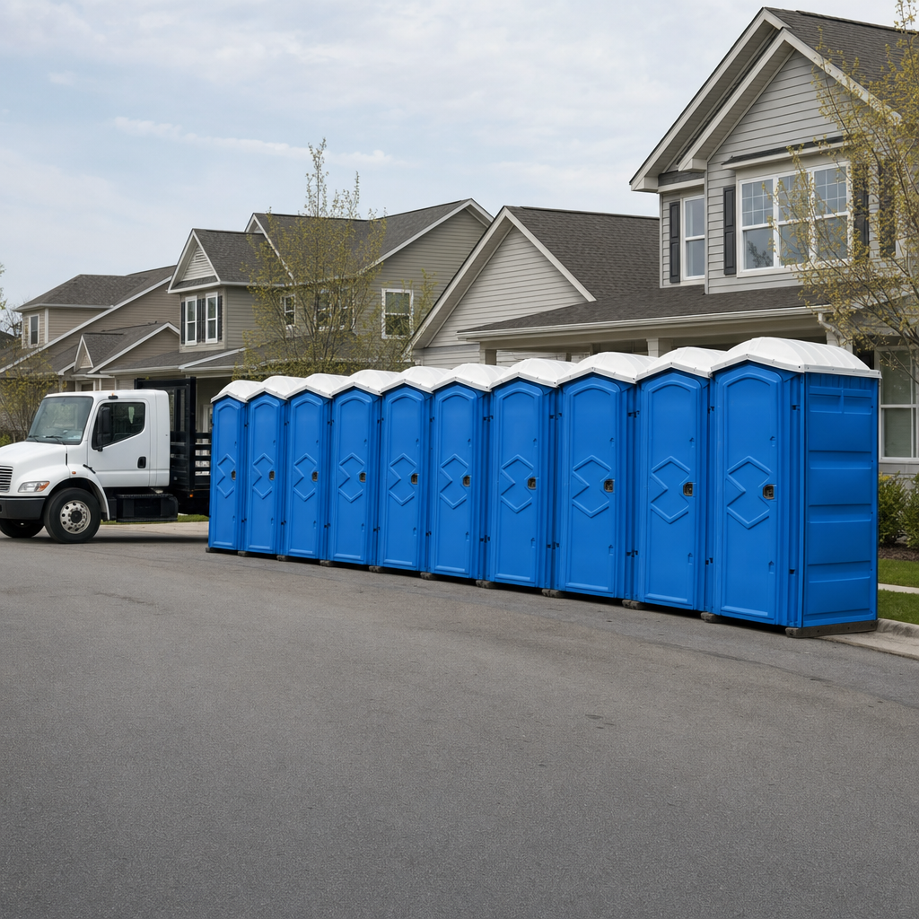 Royal blue portable toilets staged in a tidy row at a San Diego jobsite, ready for delivery